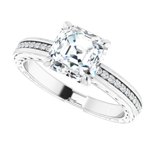 Cubic Zirconia Engagement Ring- The Angie (Customizable Asscher Cut Design with Rope-Filigree Hammered Inlay & Round Channel Accents)