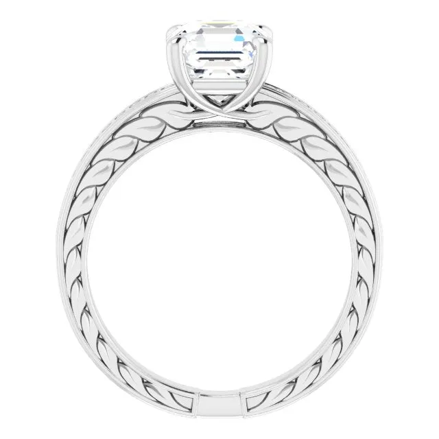 Cubic Zirconia Engagement Ring- The Angie (Customizable Asscher Cut Design with Rope-Filigree Hammered Inlay & Round Channel Accents)