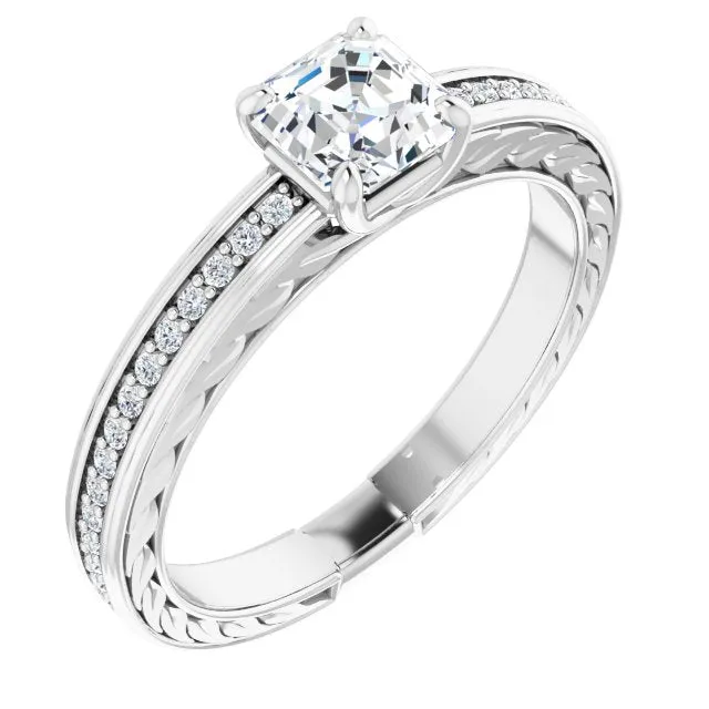 Cubic Zirconia Engagement Ring- The Angie (Customizable Asscher Cut Design with Rope-Filigree Hammered Inlay & Round Channel Accents)