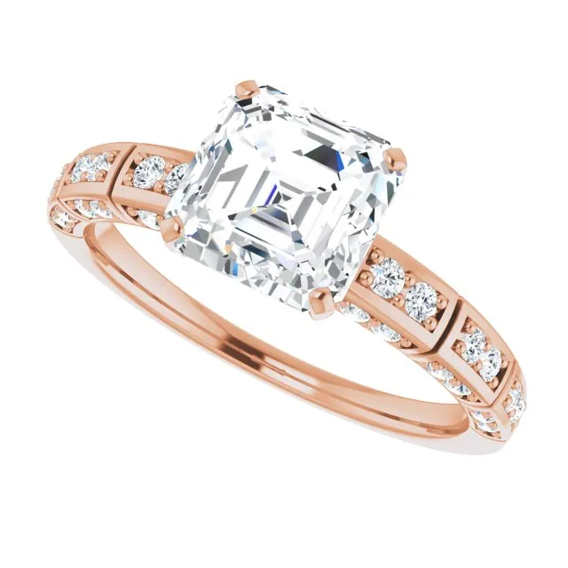 Cubic Zirconia Engagement Ring- The Anna (Customizable Asscher Cut Style with Three-sided, Segmented Shared Prong Band)