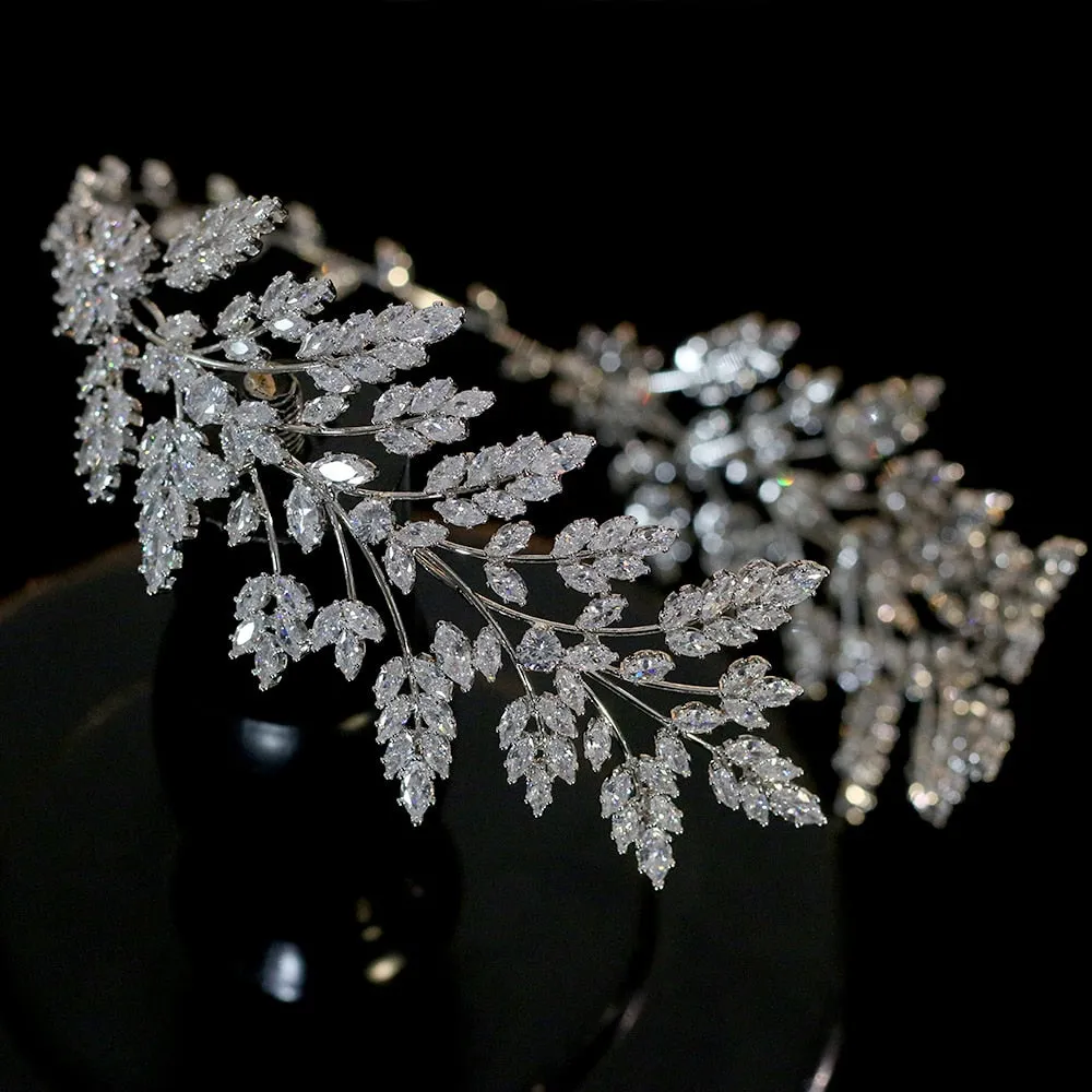 Cubic Zirconia Leaf Tiara Wedding Headband