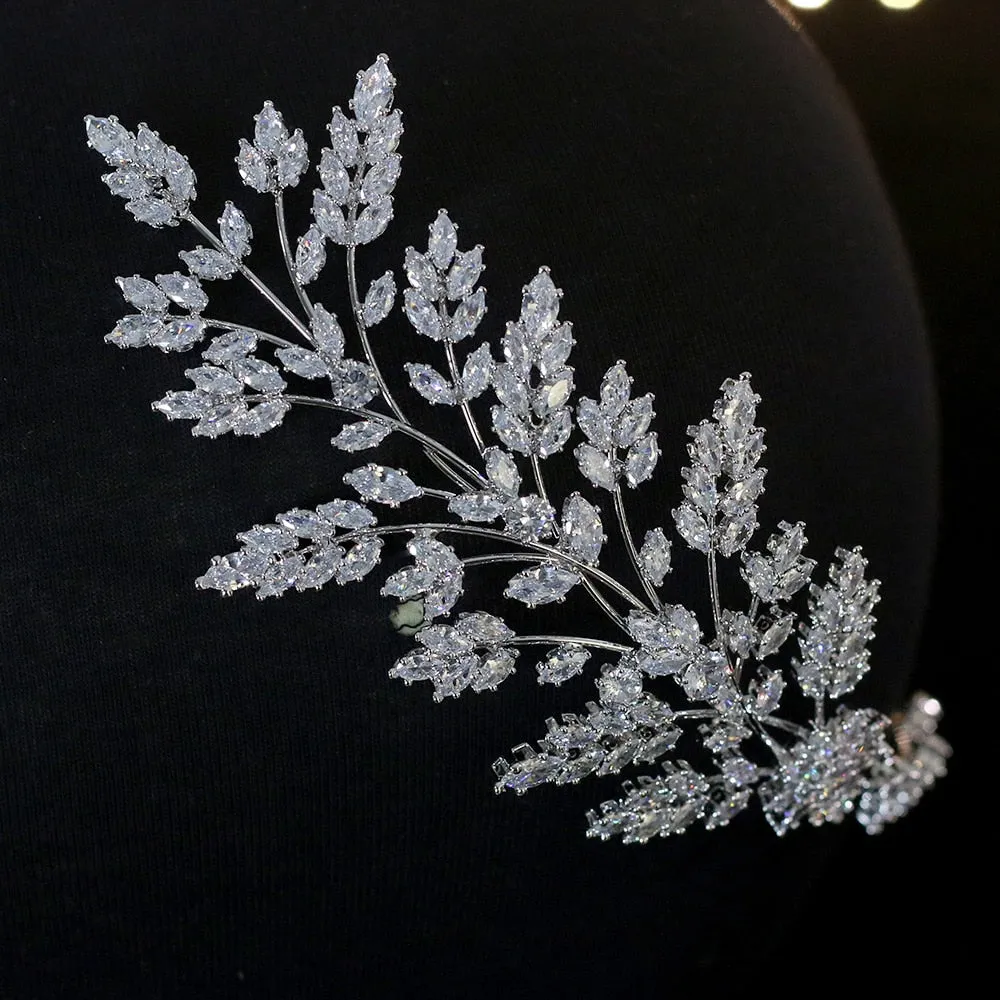 Cubic Zirconia Leaf Tiara Wedding Headband