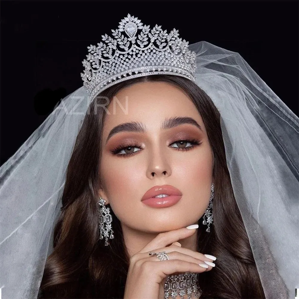 Cubic Zirconia Wedding Bridal Big Tiara Crown Luxury Handmade Princess Hair Accessory