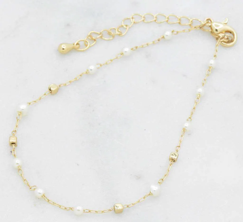 Dainty Pearl Spaced Chain Link Bracelet - Gold