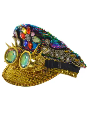 Deluxe Rainbow Festival Hat with Gold Holographic Goggles