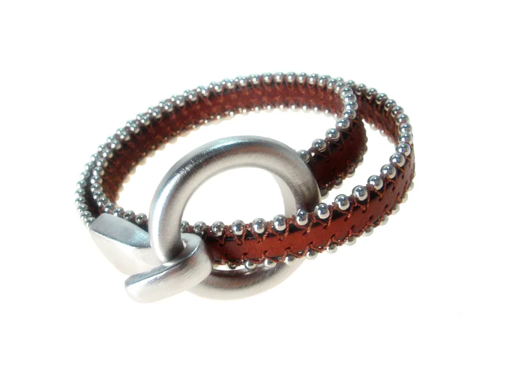 Double Wrap Beaded Leather Bracelet with Round  Clasp
