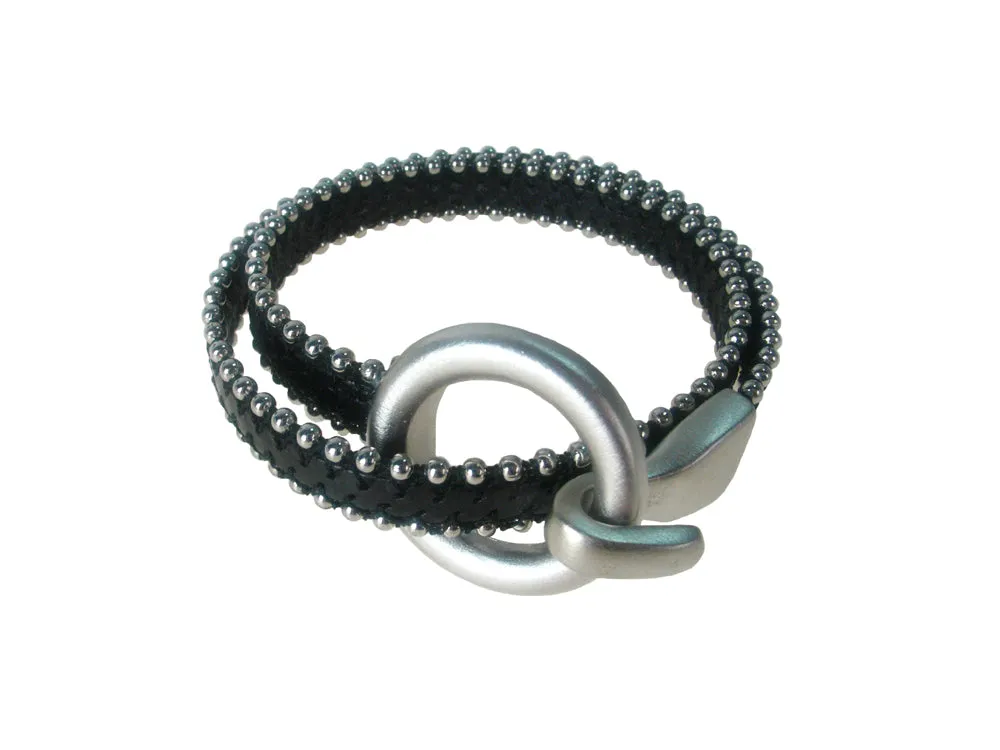 Double Wrap Beaded Leather Bracelet with Round  Clasp