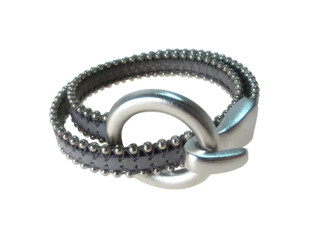 Double Wrap Beaded Leather Bracelet with Round  Clasp