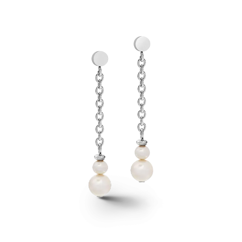 Earrings Y chain & ring Freshwater pearls & stainless steel white-silver