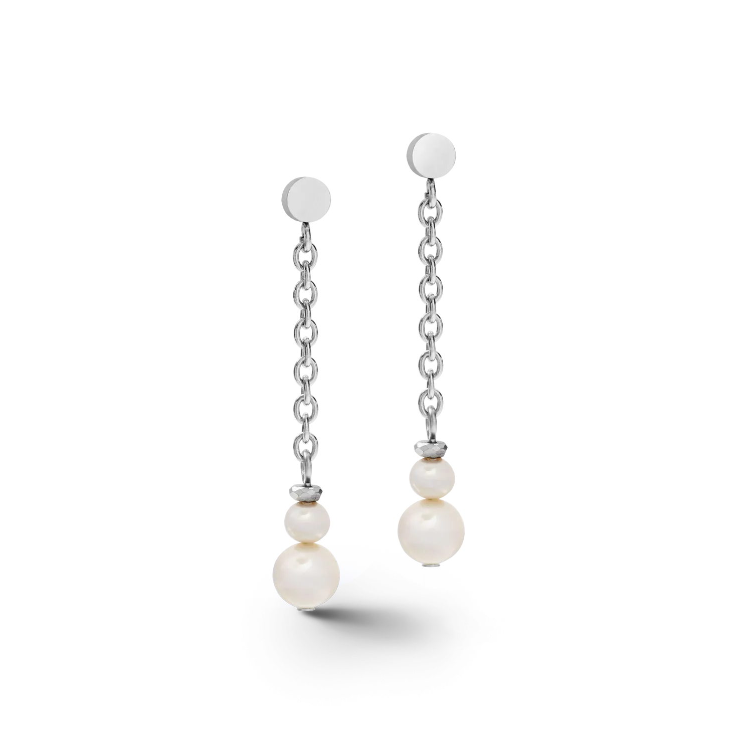 Earrings Y chain & ring Freshwater pearls & stainless steel white-silver
