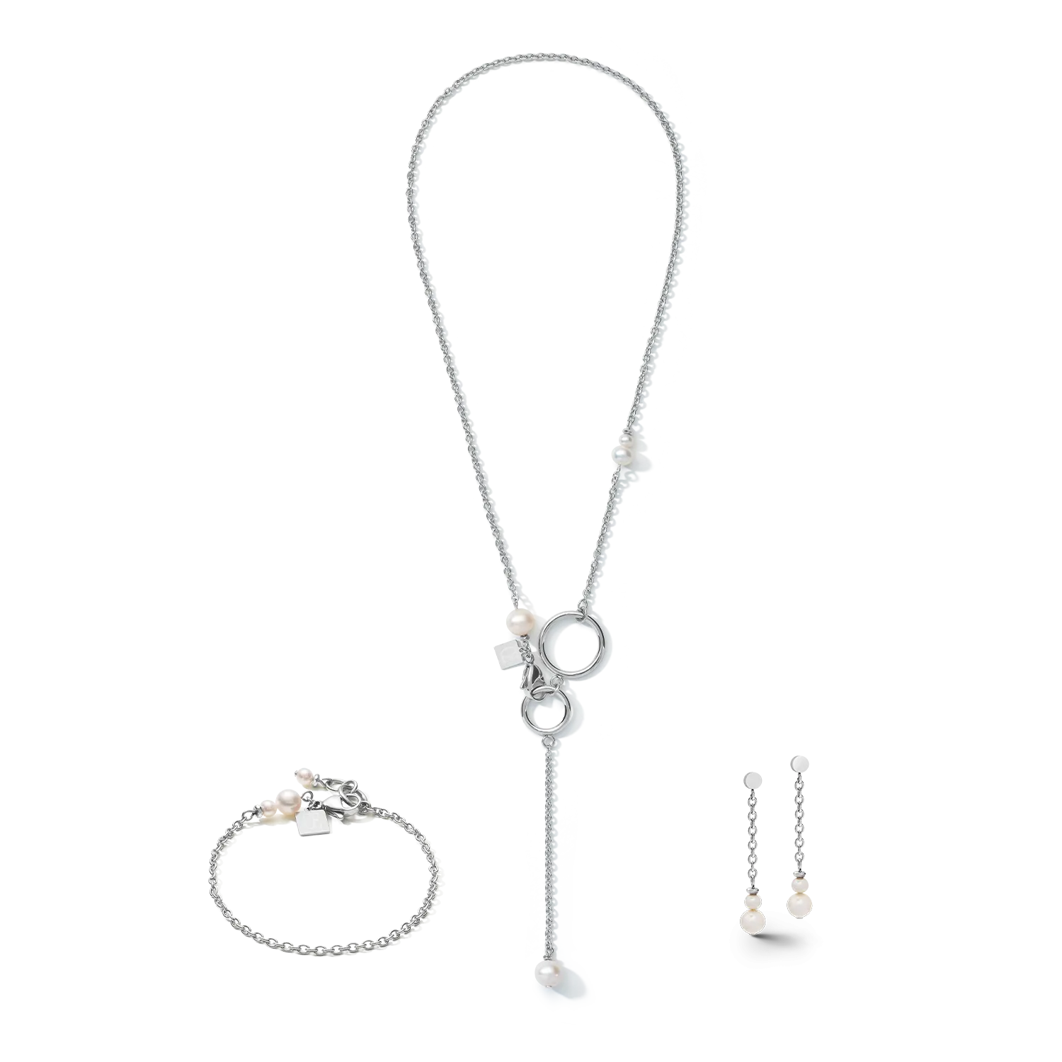 Earrings Y chain & ring Freshwater pearls & stainless steel white-silver