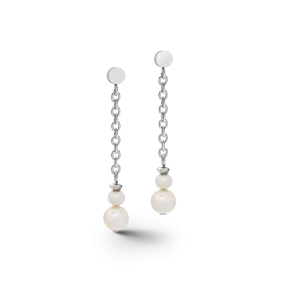 Earrings Y chain & ring Freshwater pearls & stainless steel white-silver