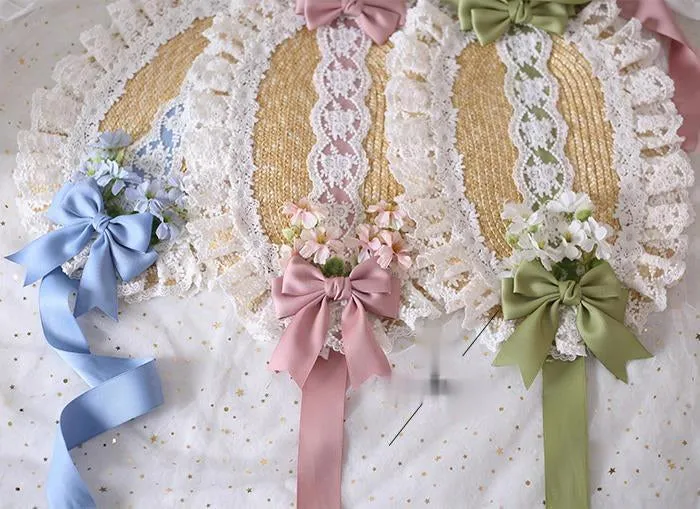 Elegant Lolita Bonnet Hat with Ruffled Lace Trimming Sweet Straw Hat