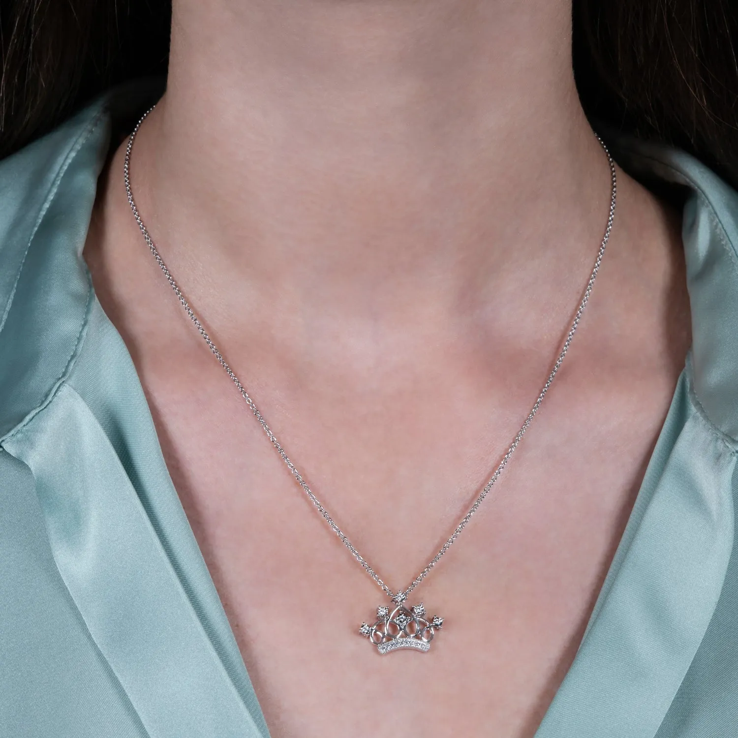 Enchanted Disney Fine Jewelry Sterling Silver 1/10 CTTW Majestic Princess Tiara Pendant Necklace