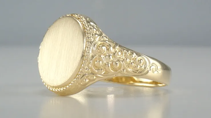 Engraved Scrolls Oval Victorian Signet Ring in 14 Karat Yellow Gold