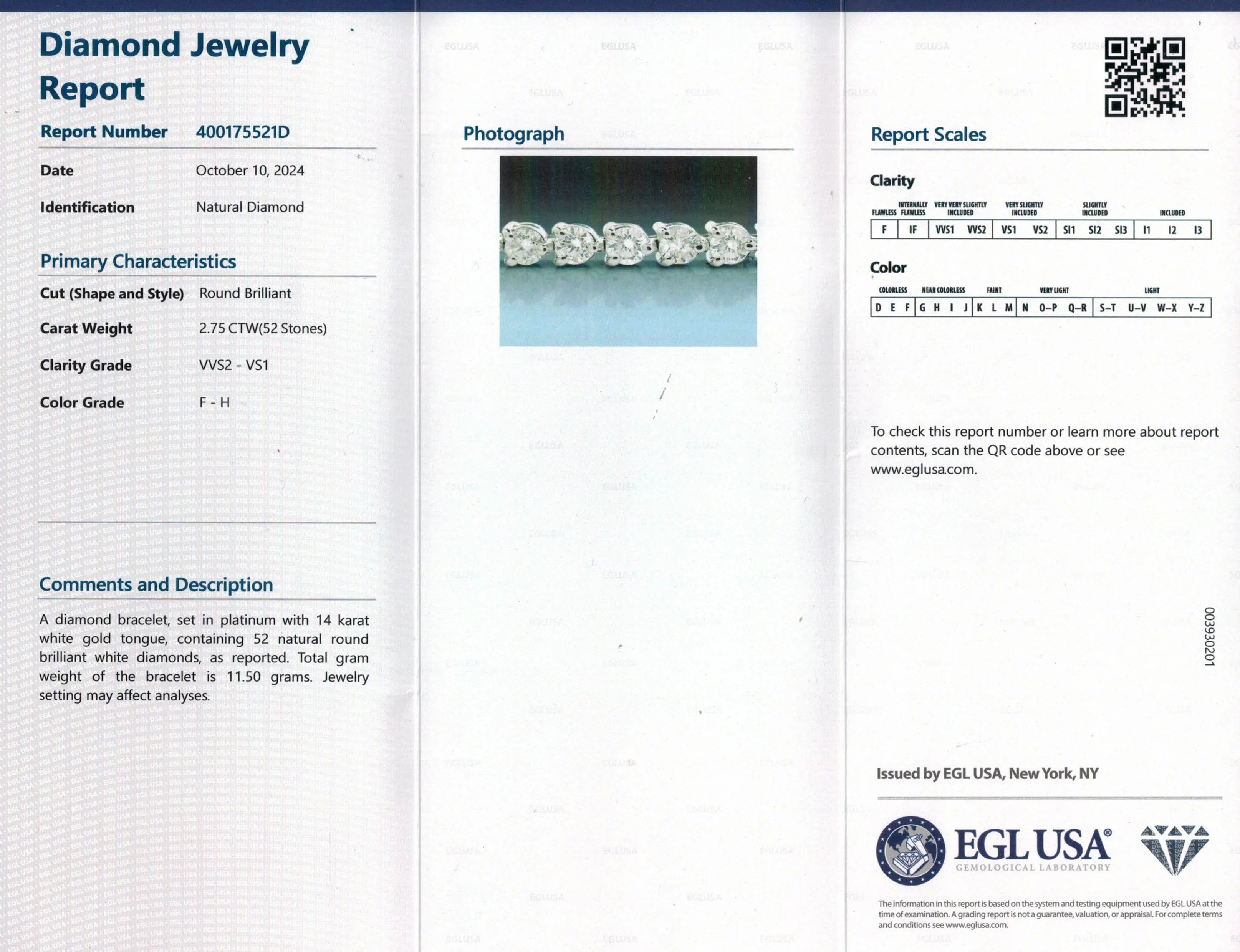 Fine 2.75 Carat Natural Round Diamond Tennis Line Platinum 3 Prong Bracelet