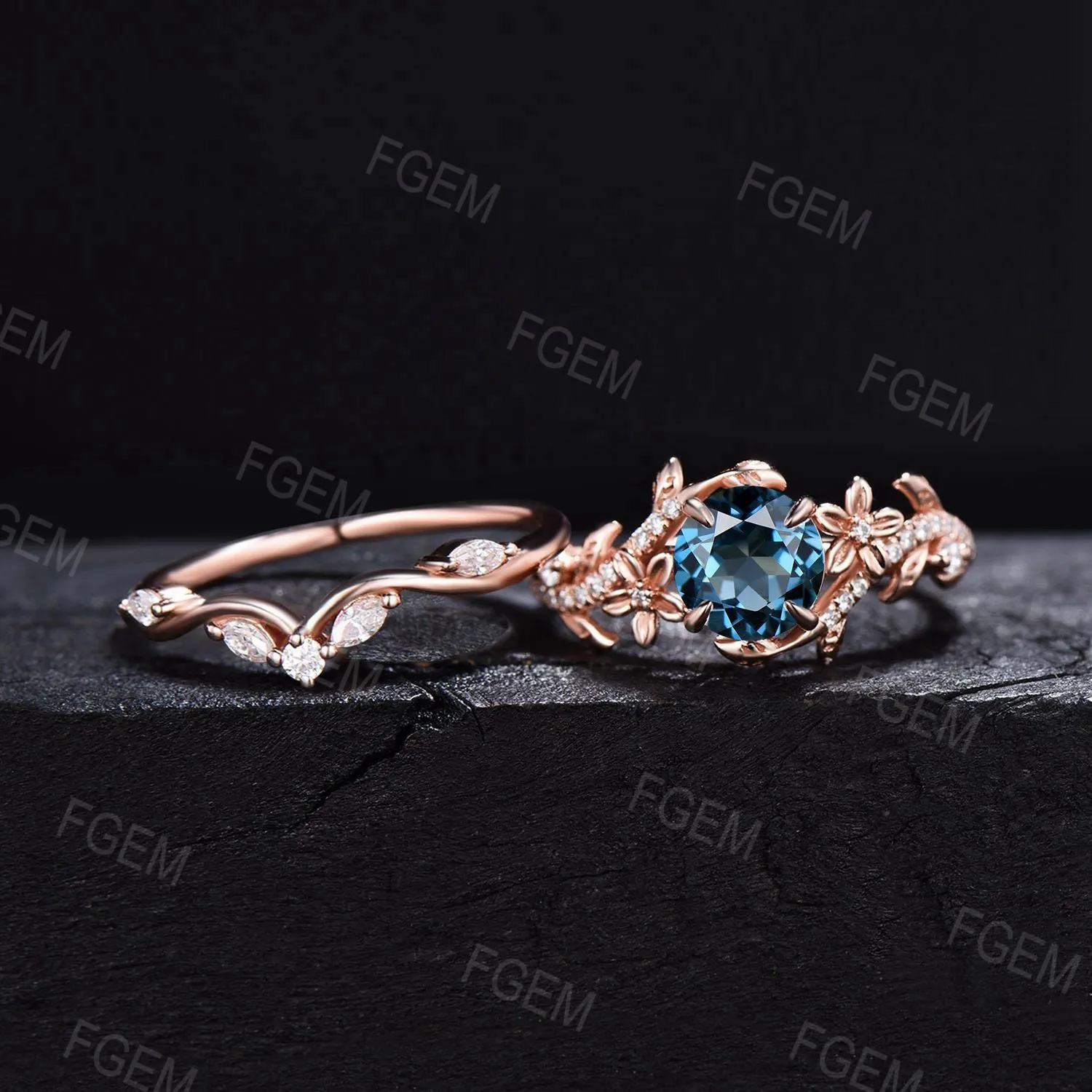 Floral Engagement Ring Round Natural London Blue Topaz Ring Set Leaf Vine Moissanite Cluster Bridal Set Flower Ring December Birthstone Gift