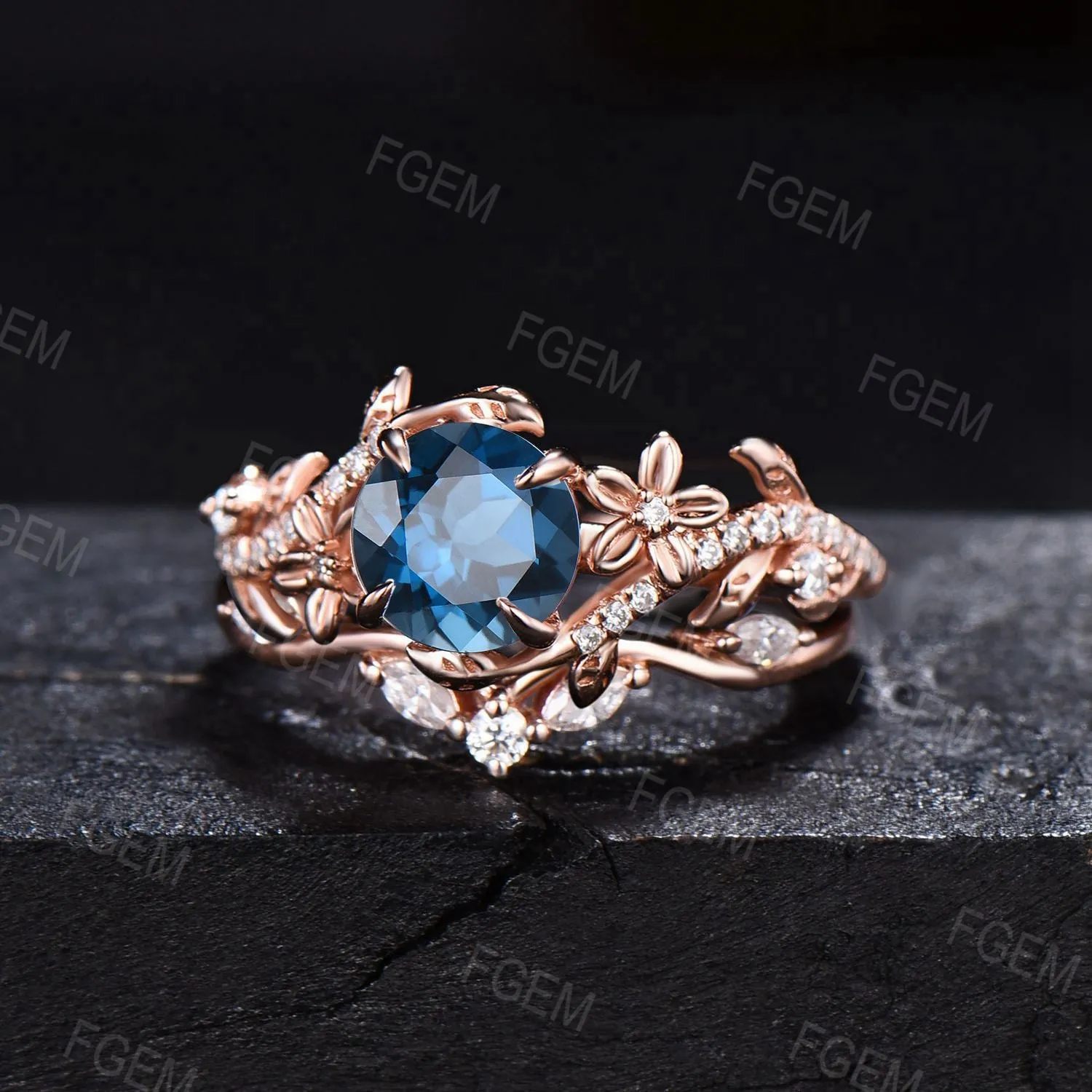 Floral Engagement Ring Round Natural London Blue Topaz Ring Set Leaf Vine Moissanite Cluster Bridal Set Flower Ring December Birthstone Gift