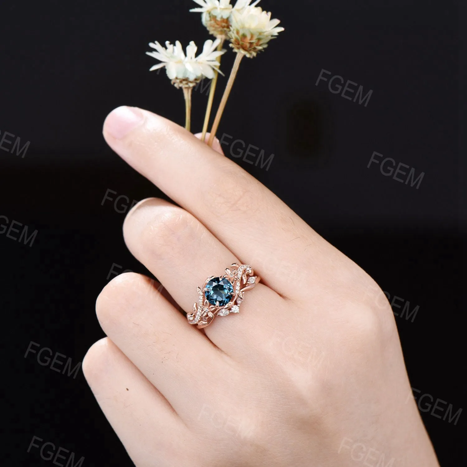Floral Engagement Ring Round Natural London Blue Topaz Ring Set Leaf Vine Moissanite Cluster Bridal Set Flower Ring December Birthstone Gift
