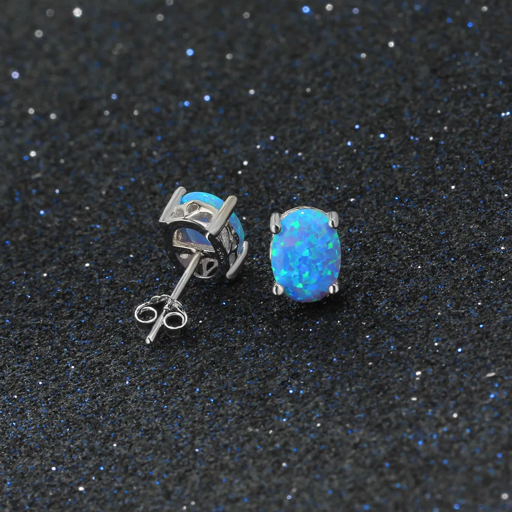 Four Prongs 8mm Blue Oval Opal Sterling Silver Stud Earrings