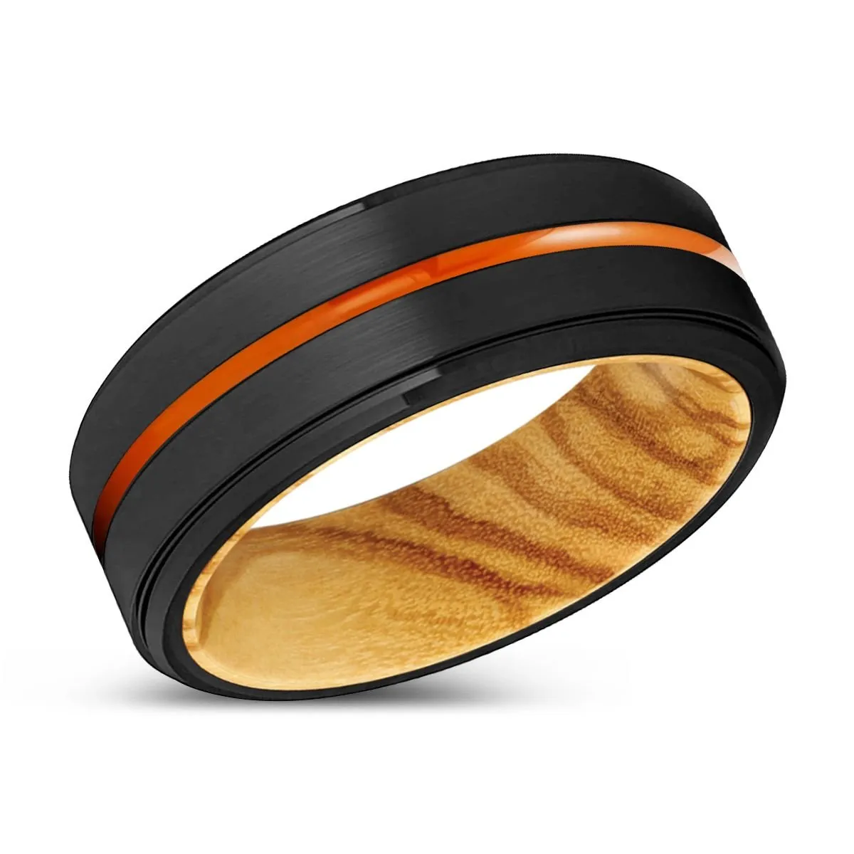 FRISCO | Olive Wood, Black Tungsten Ring, Orange Groove, Stepped Edge