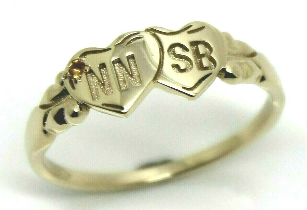 Genuine 9ct 9k Yellow, Rose or White Gold Double Heart Yellow Topaz Birthstone Signet Ring   Engraving
