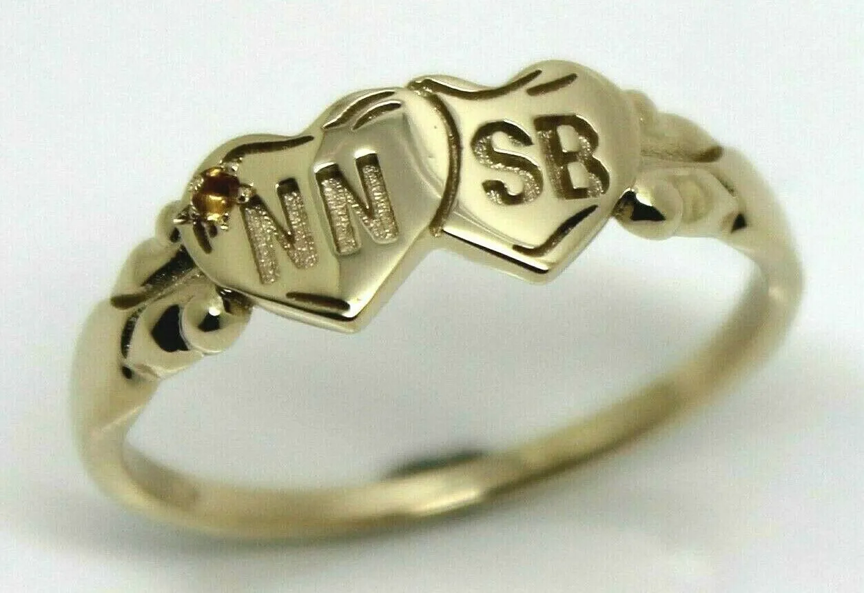 Genuine 9ct 9k Yellow, Rose or White Gold Double Heart Yellow Topaz Birthstone Signet Ring   Engraving