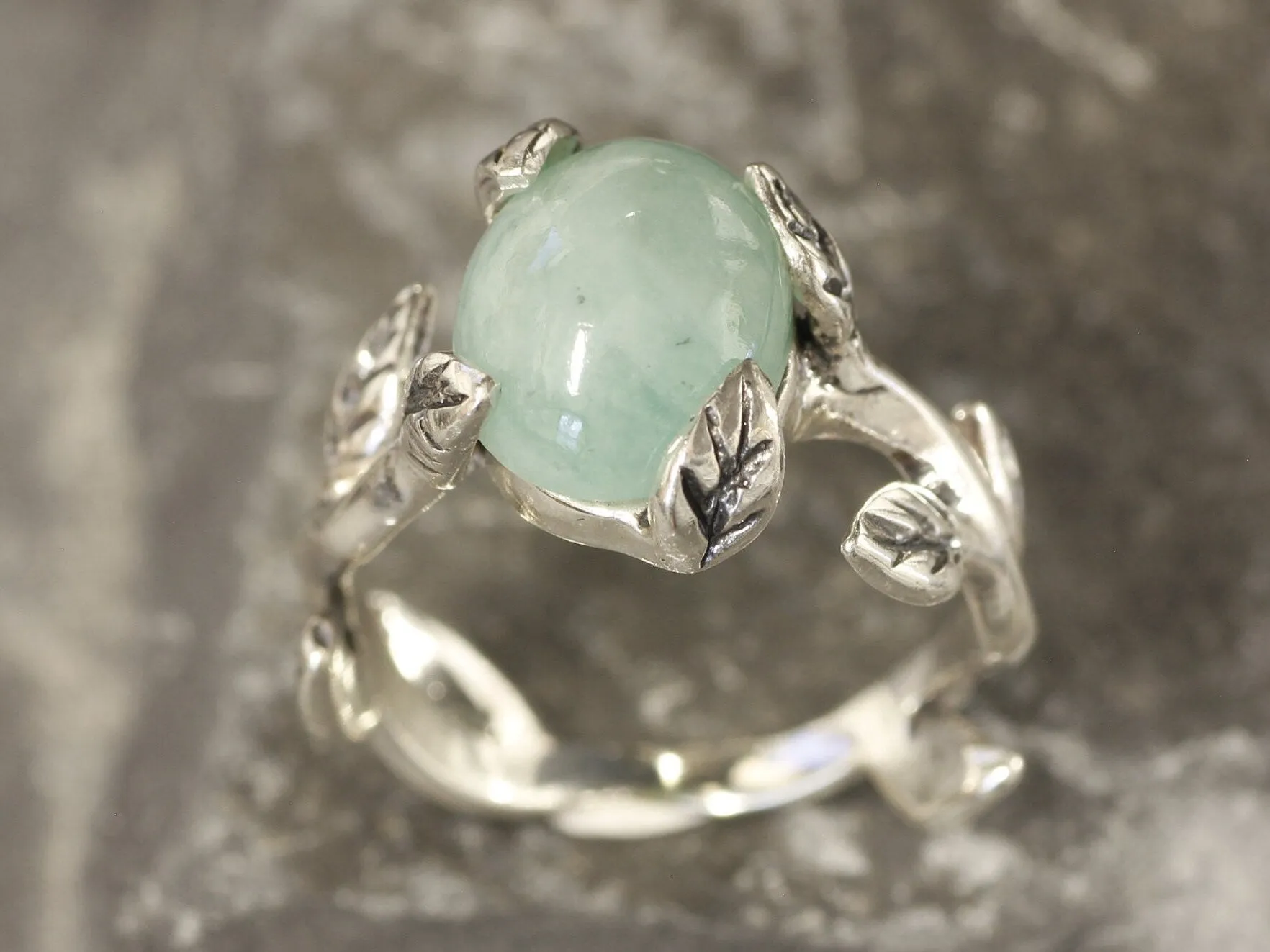 Genuine Emerald Ring - Leaf Silver Ring - Green Boho Ring