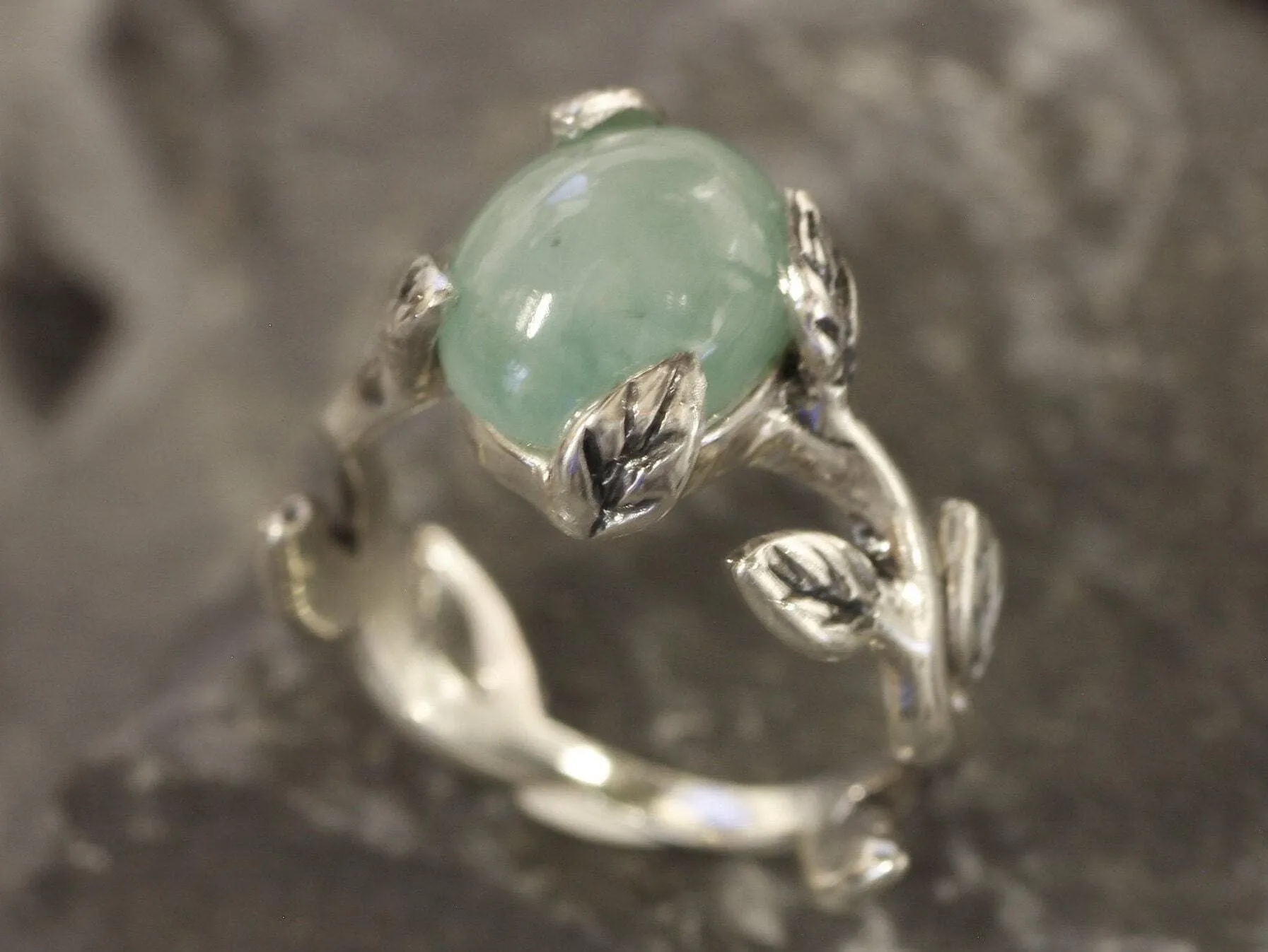 Genuine Emerald Ring - Leaf Silver Ring - Green Boho Ring