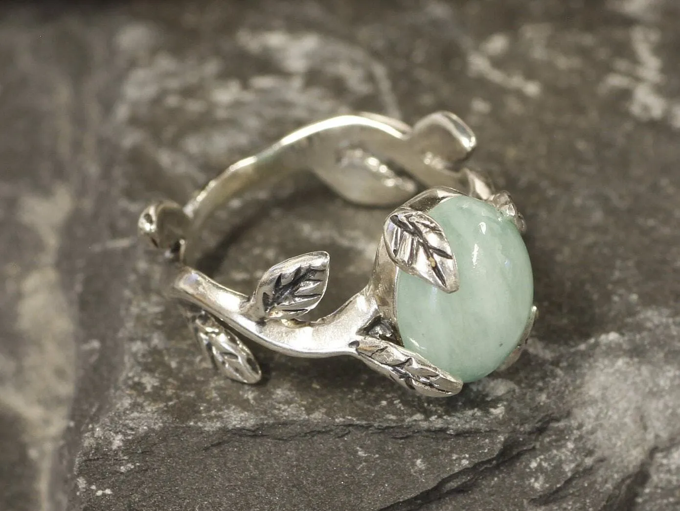 Genuine Emerald Ring - Leaf Silver Ring - Green Boho Ring