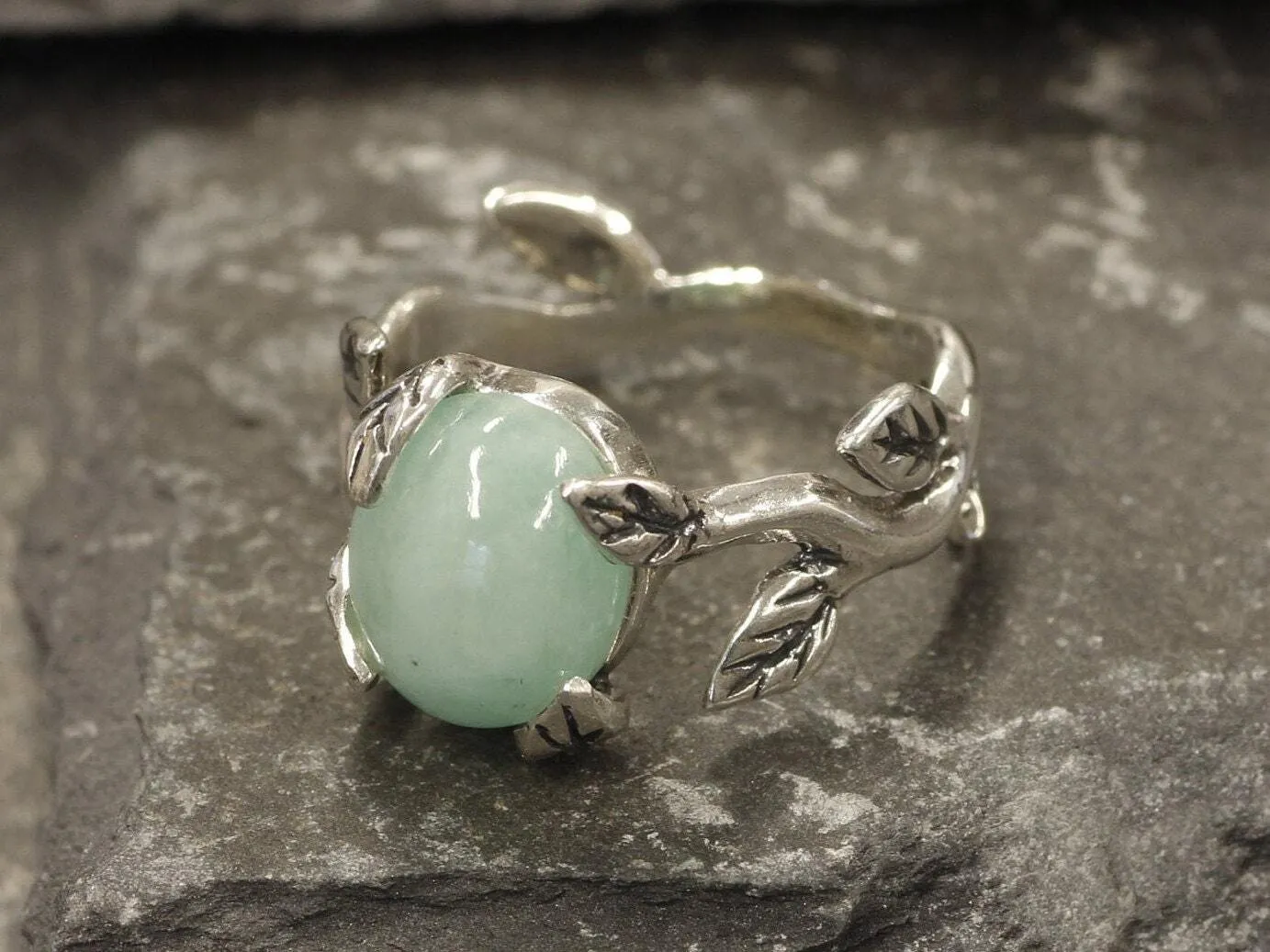 Genuine Emerald Ring - Leaf Silver Ring - Green Boho Ring