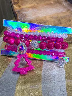 Glittered Christmas Tree Bracelet Set - Pink Mix