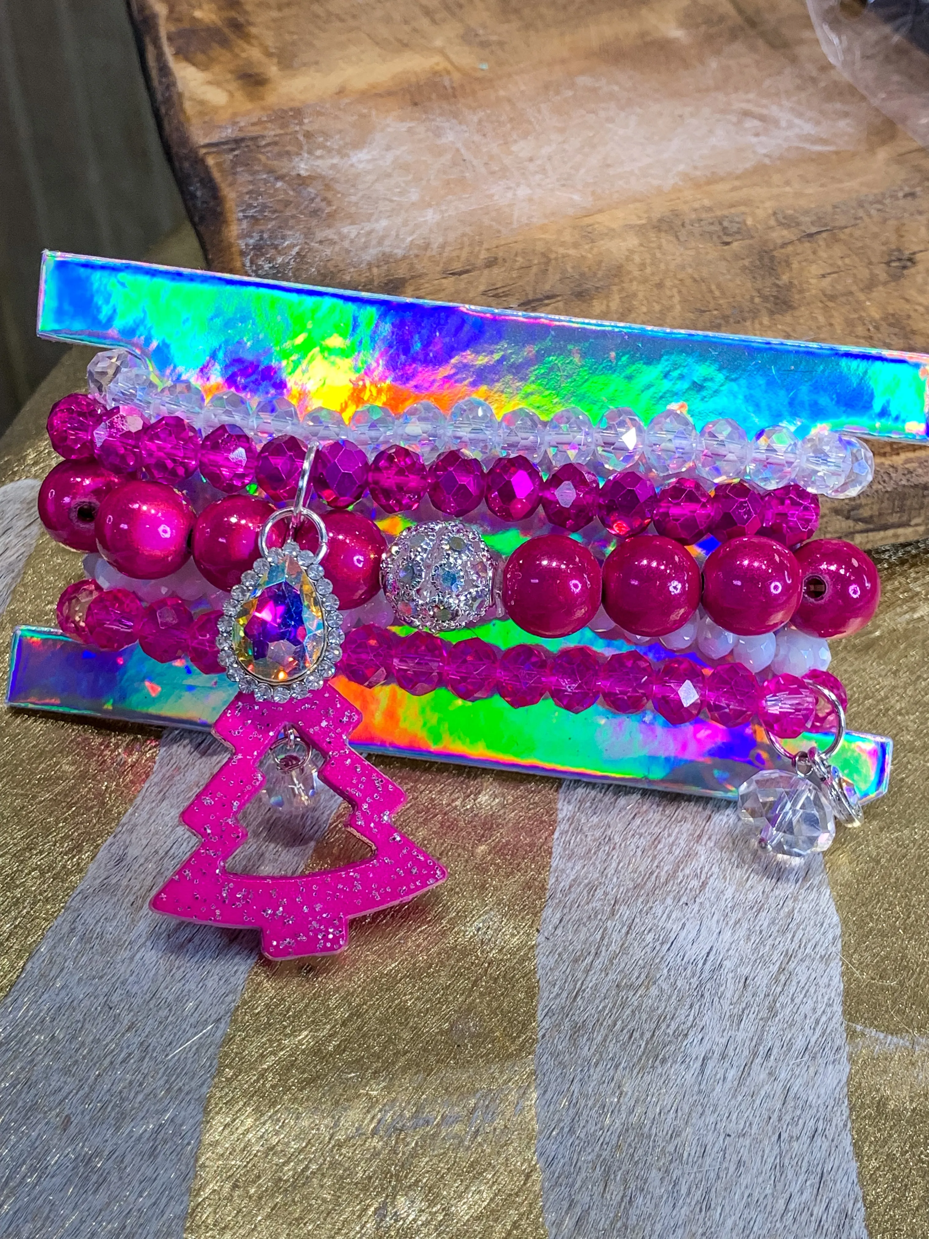 Glittered Christmas Tree Bracelet Set - Pink Mix
