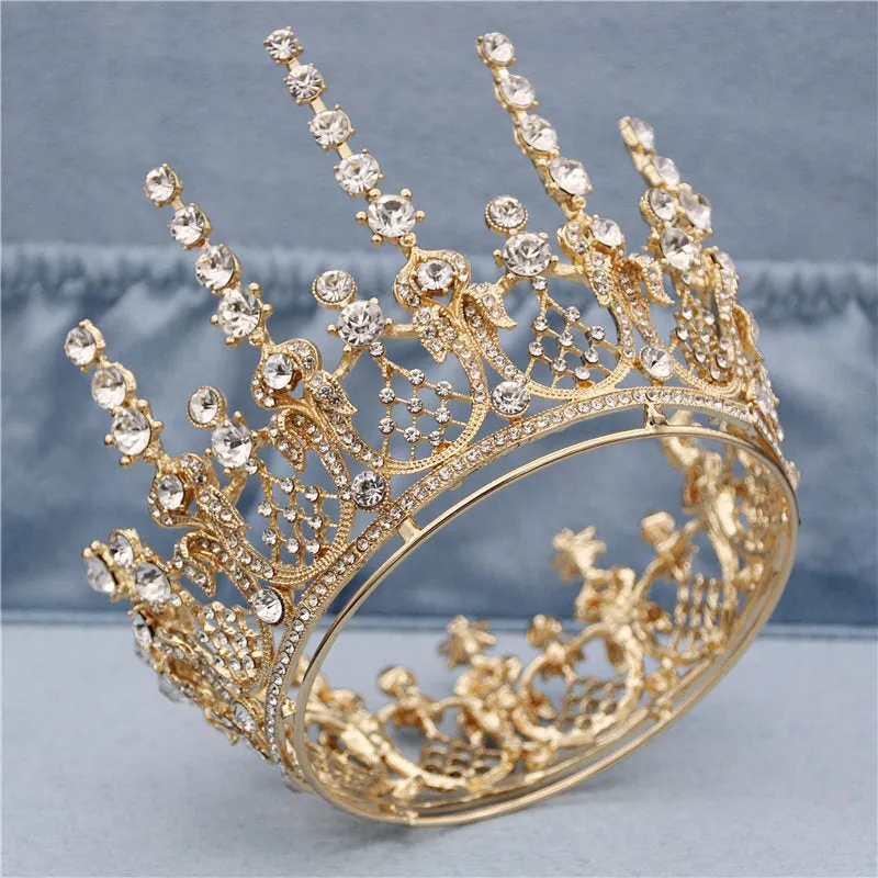 Gold Full Round Queen King Tiara Crown Pageant  Bridal Wedding