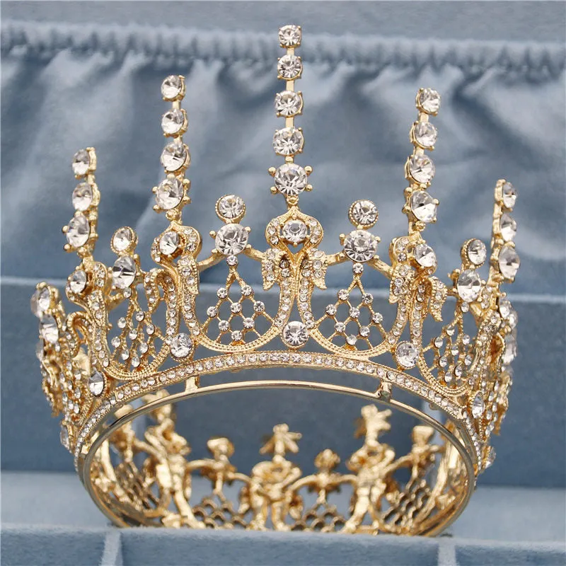 Gold Full Round Queen King Tiara Crown Pageant  Bridal Wedding