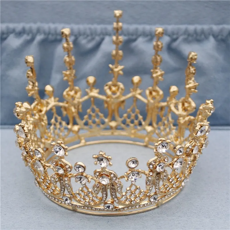 Gold Full Round Queen King Tiara Crown Pageant  Bridal Wedding