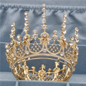 Gold Full Round Queen King Tiara Crown Pageant  Bridal Wedding
