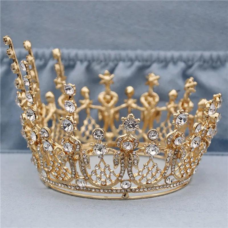 Gold Full Round Queen King Tiara Crown Pageant  Bridal Wedding