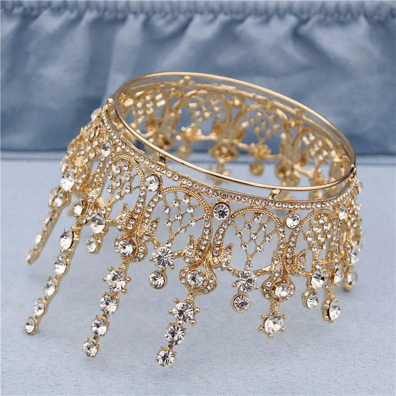 Gold Full Round Queen King Tiara Crown Pageant  Bridal Wedding