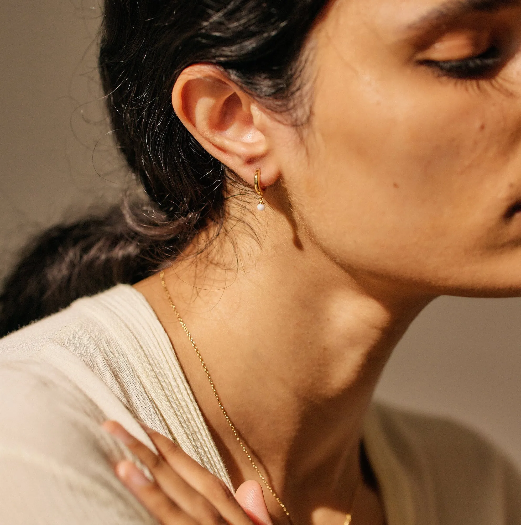 Gold Plated Opal Huggie Drop Hoop Earrings