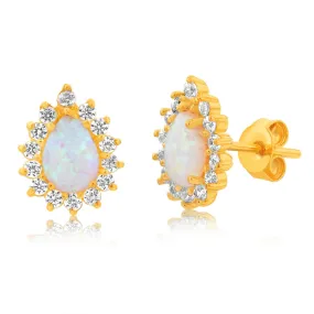 Gold Plated Sterling Silver Pear Created Opal White Cubic Zirconia Studs Earrings