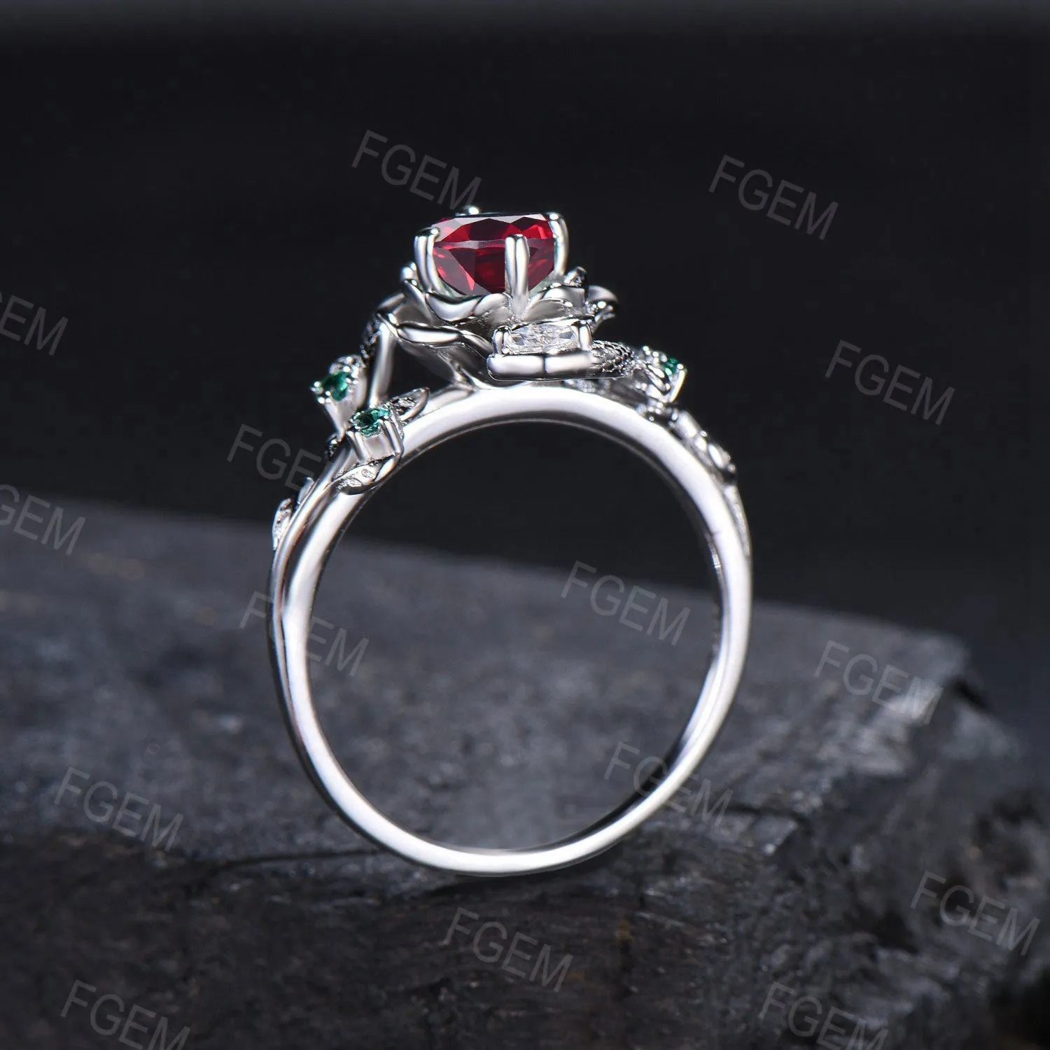 Gold Snake Engagement Ring Rose Flower Round Ruby Ring Dainty Serpent Ring Branch Leaf Emerald Diamond Ring July Birthstone Proposal Gifts