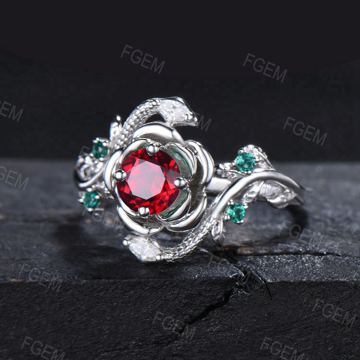 Gold Snake Engagement Ring Rose Flower Round Ruby Ring Dainty Serpent Ring Branch Leaf Emerald Diamond Ring July Birthstone Proposal Gifts