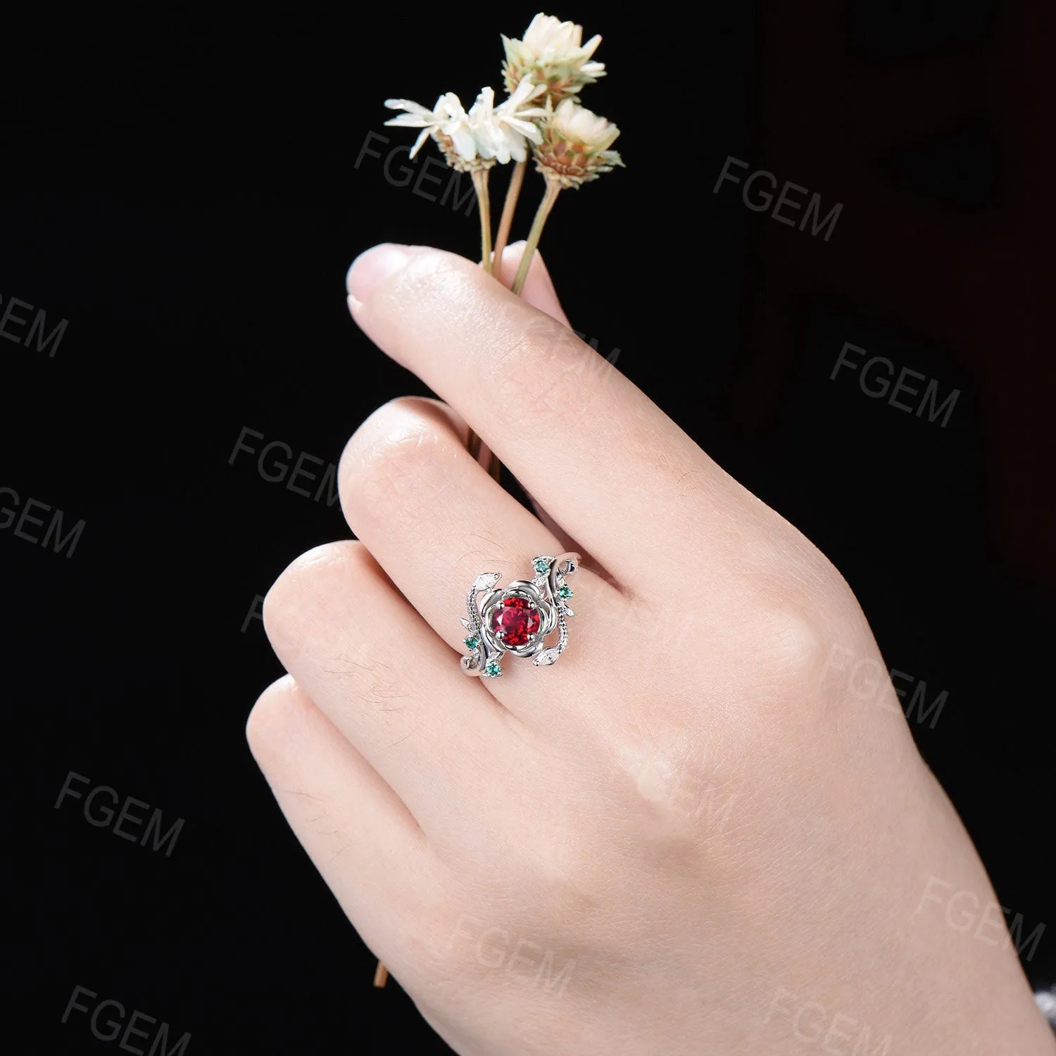Gold Snake Engagement Ring Rose Flower Round Ruby Ring Dainty Serpent Ring Branch Leaf Emerald Diamond Ring July Birthstone Proposal Gifts