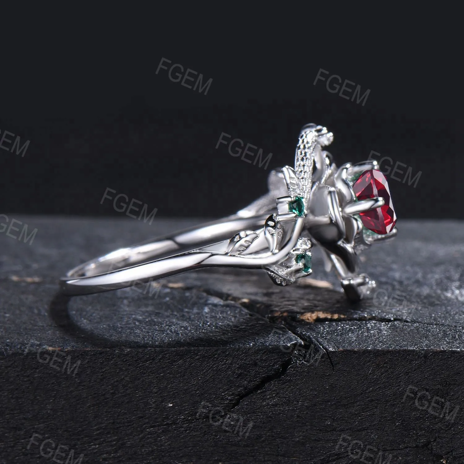 Gold Snake Engagement Ring Rose Flower Round Ruby Ring Dainty Serpent Ring Branch Leaf Emerald Diamond Ring July Birthstone Proposal Gifts