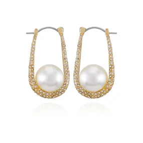Goldtone Crystal Stone Pearl Hoop Earrings