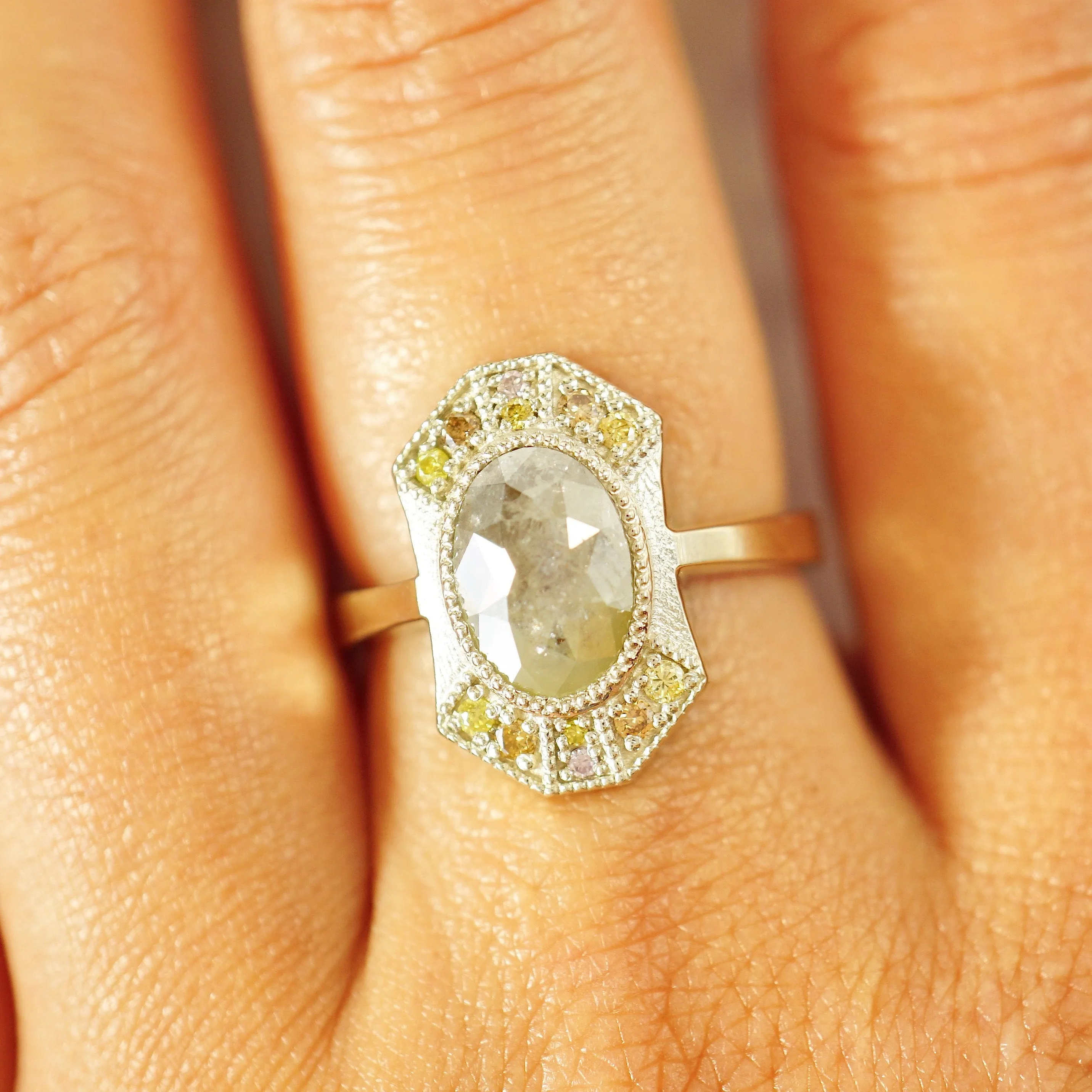 Grey Diamond Halo Ring - Unique Grey Oval Rose Cut Diamond Ring - Multi-Color Diamond Halo Ring