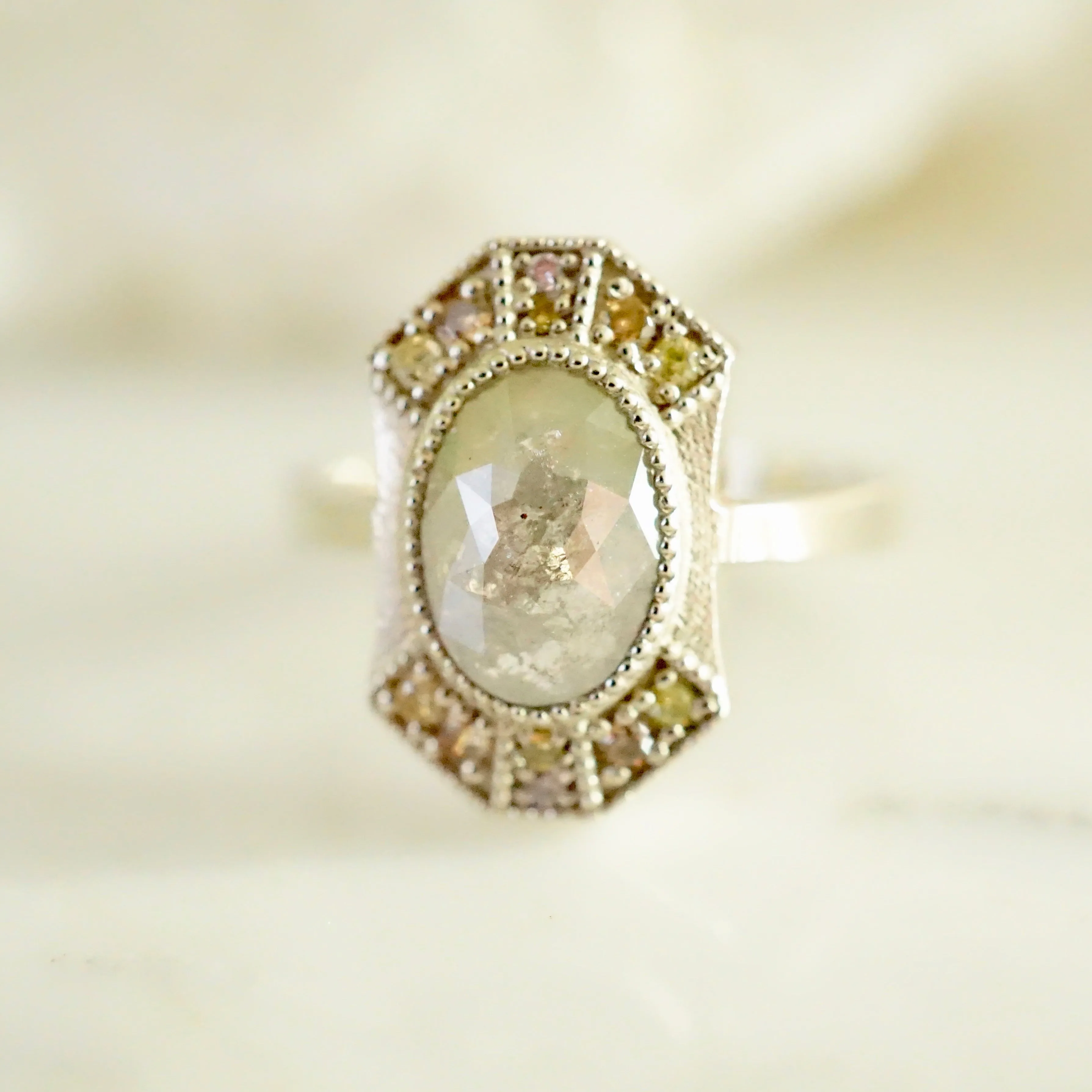 Grey Diamond Halo Ring - Unique Grey Oval Rose Cut Diamond Ring - Multi-Color Diamond Halo Ring
