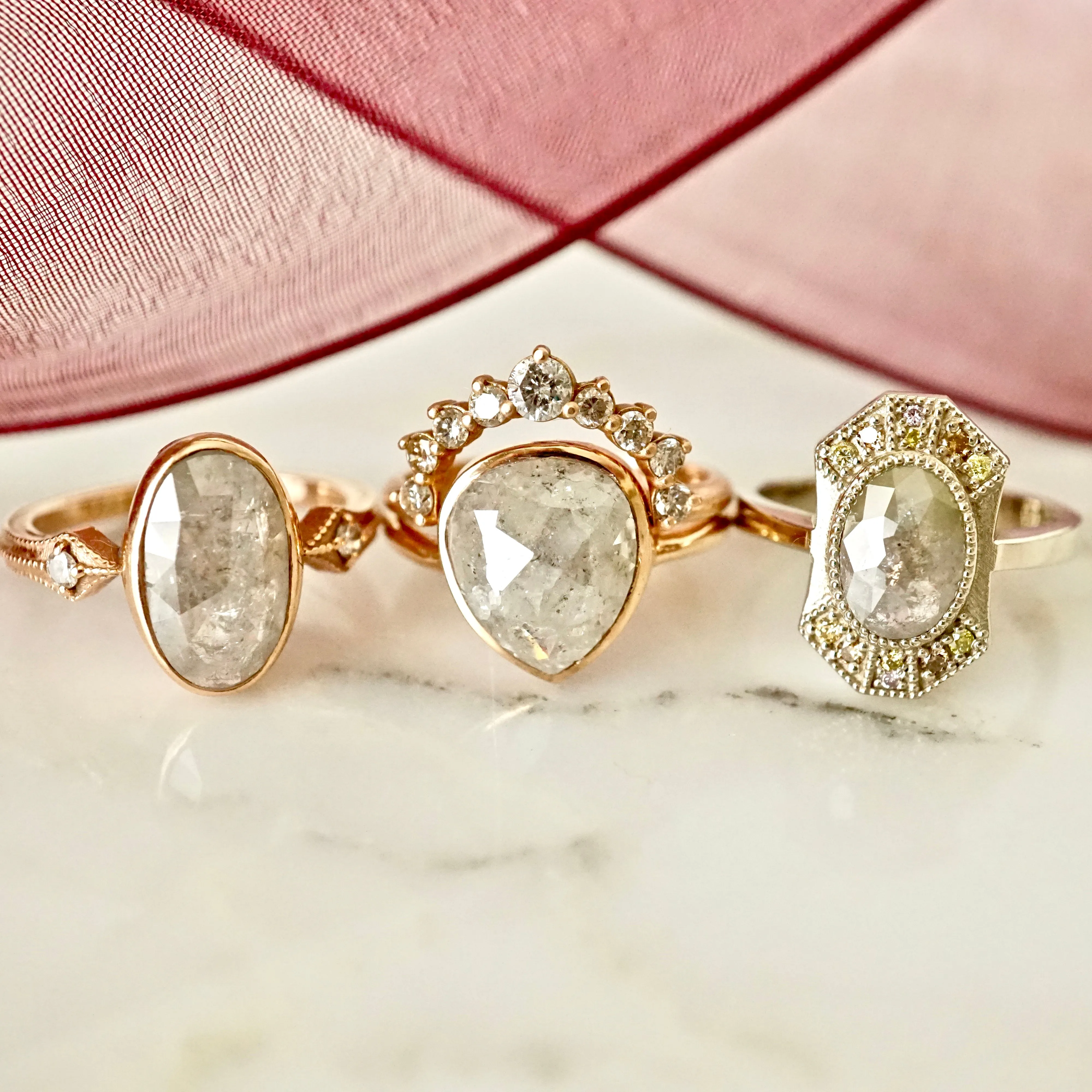 Grey Diamond Halo Ring - Unique Grey Oval Rose Cut Diamond Ring - Multi-Color Diamond Halo Ring