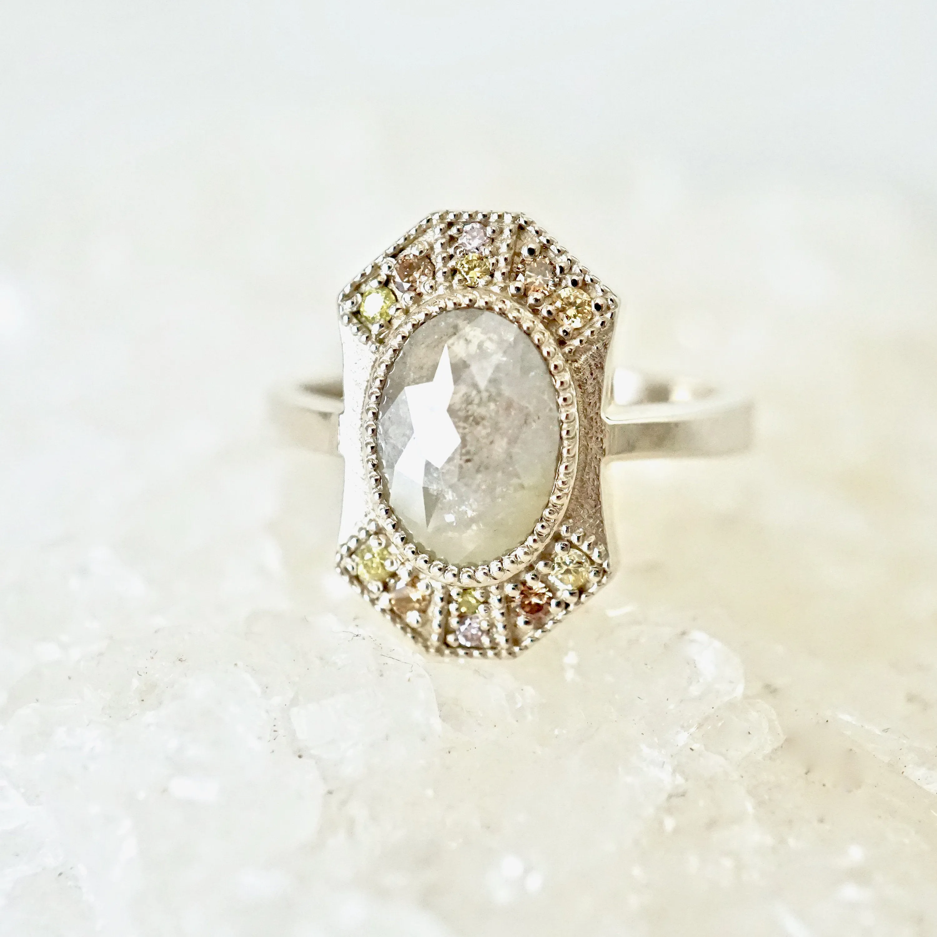 Grey Diamond Halo Ring - Unique Grey Oval Rose Cut Diamond Ring - Multi-Color Diamond Halo Ring